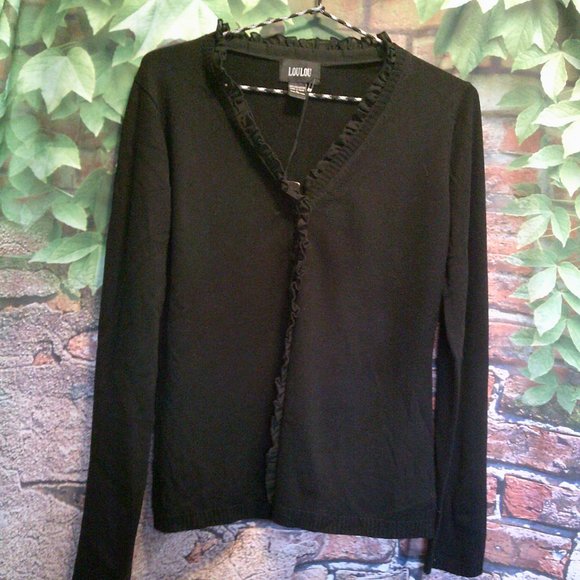 Black Ruffled Button Down Cardigan Sweater - Picture 1 of 4